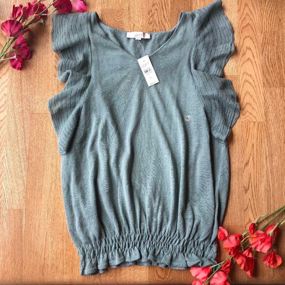 Ann Taylor LOFT Ruffle Knit Green/Gray Top
